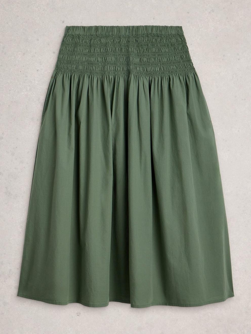 Suri Shirred Midi Skirt in MID GREEN - FLAT FRONT
