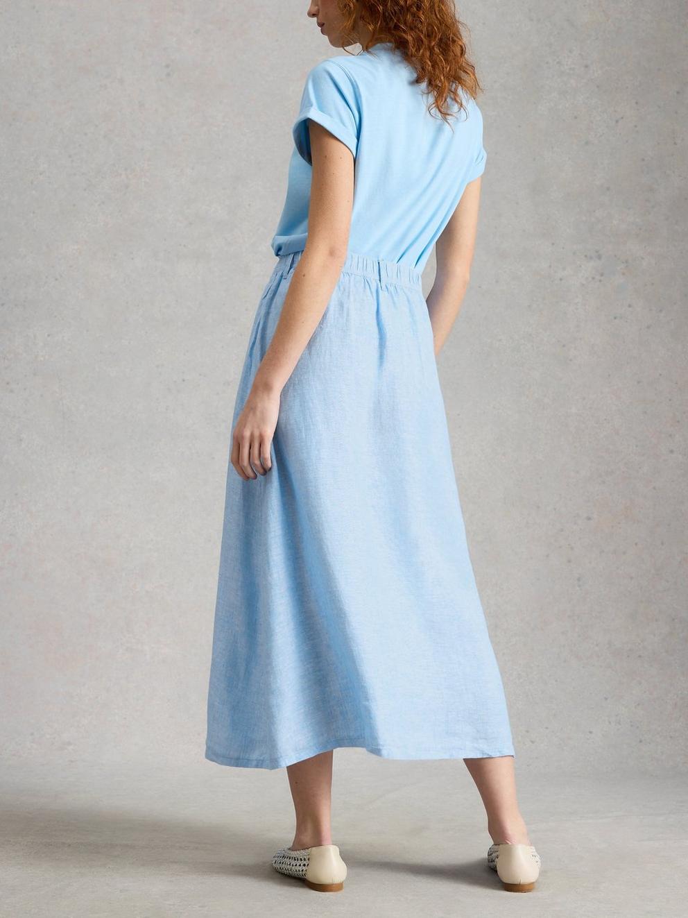 Riley Linen Midi Skirt in CHAMB BLUE - MODEL BACK
