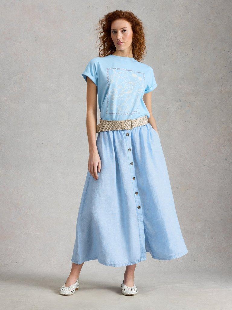 Riley Linen Midi Skirt in CHAMB BLUE - MODEL FRONT
