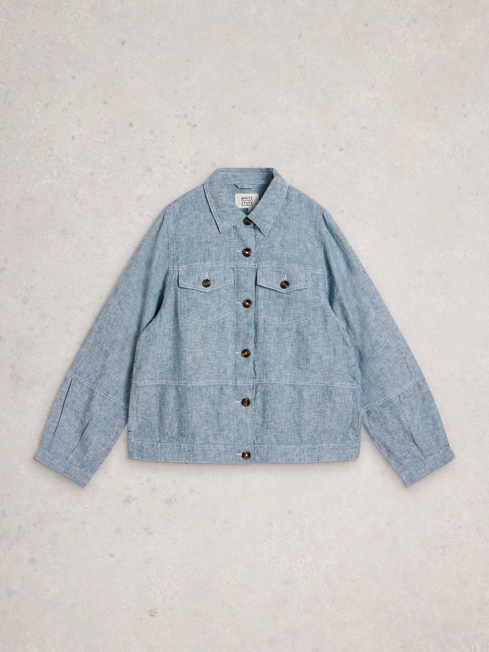 Camille Linen Collared Jacket in CHAMB BLUE - FLAT FRONT