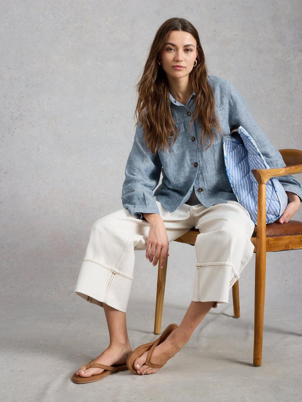 Camille Linen Collared Jacket in CHAMB BLUE - LIFESTYLE
