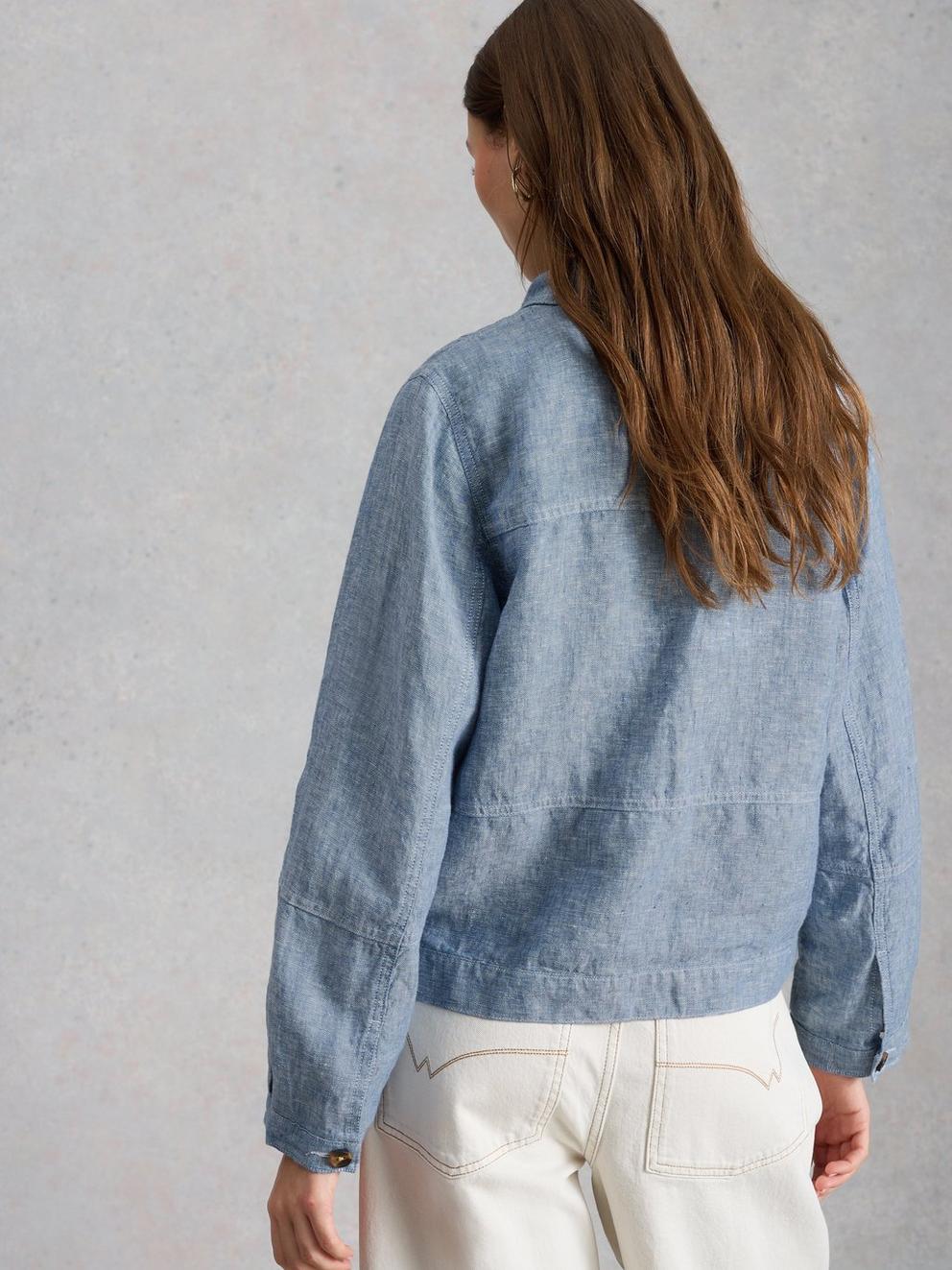 Camille Linen Collared Jacket in CHAMB BLUE - MODEL BACK