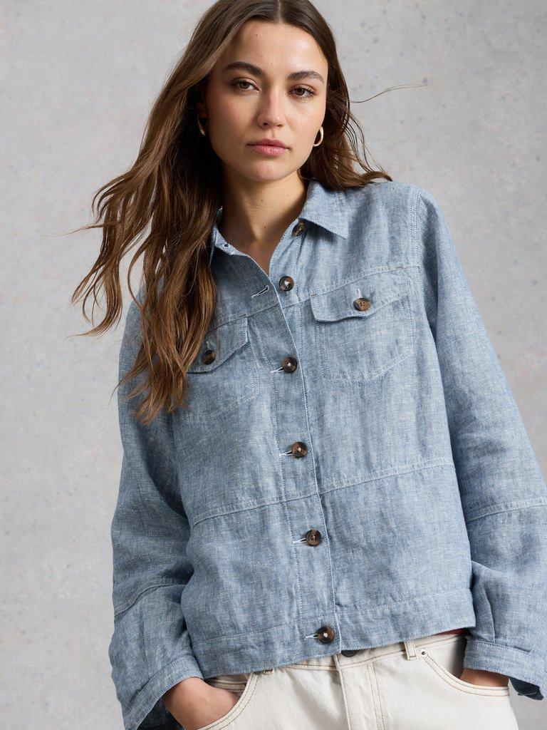 Camille Linen Collared Jacket in CHAMB BLUE - MODEL DETAIL