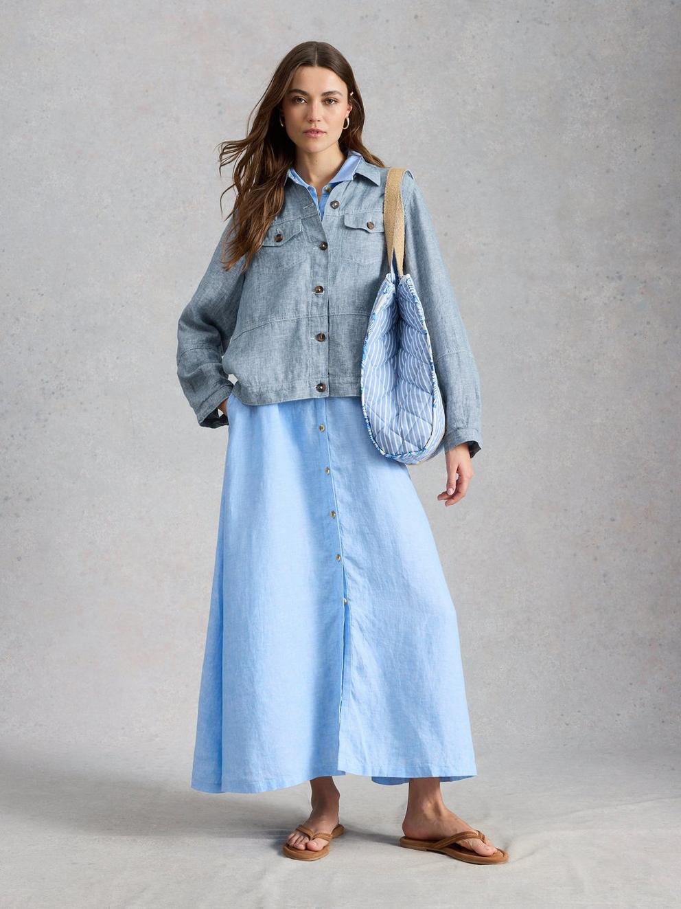 Camille Linen Collared Jacket in CHAMB BLUE - MODEL FRONT