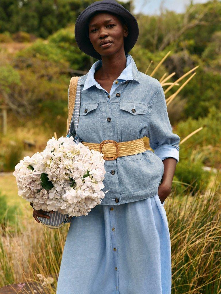Camille Linen Collared Jacket in CHAMB BLUE - MIXED