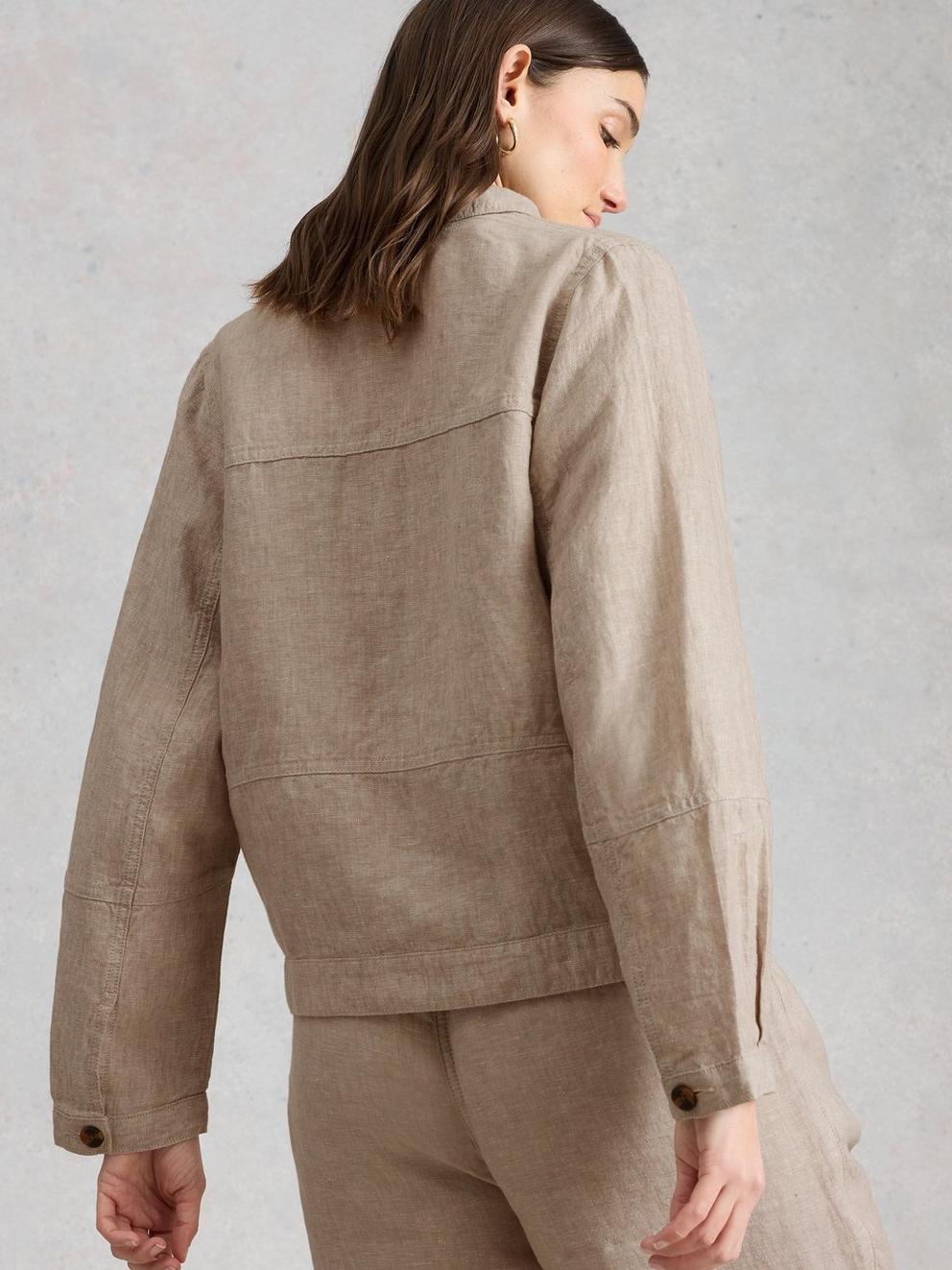 Camille Linen Collared Jacket in LGT NAT - MODEL BACK