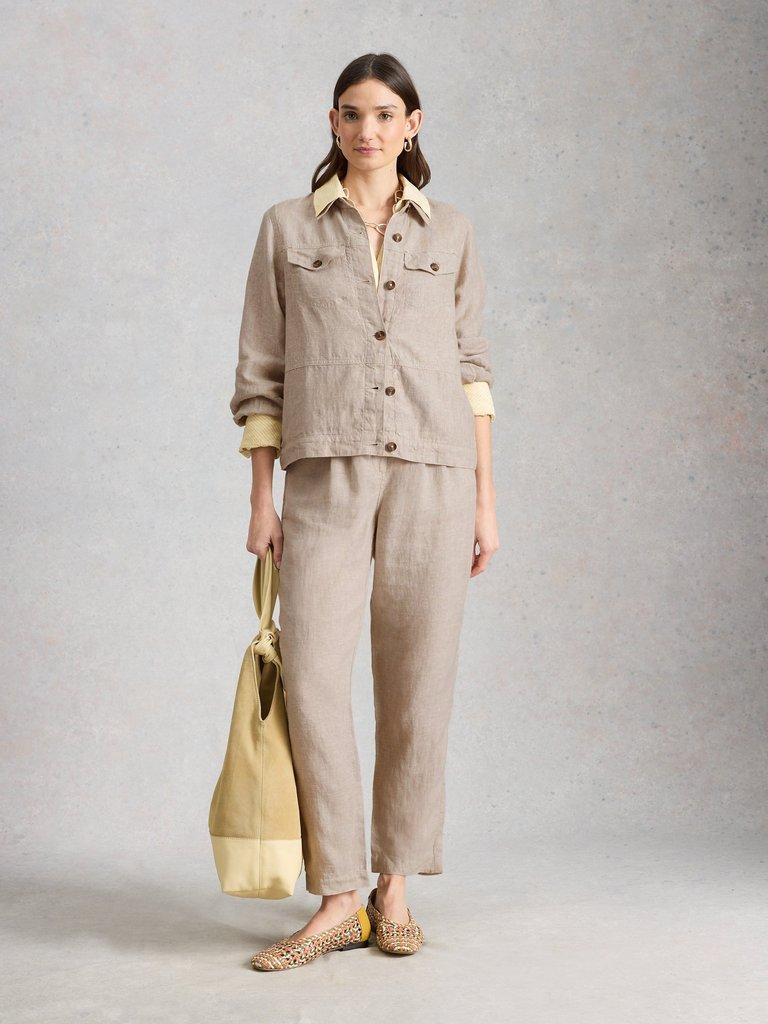 Camille Linen Collared Jacket in LGT NAT - MODEL FRONT