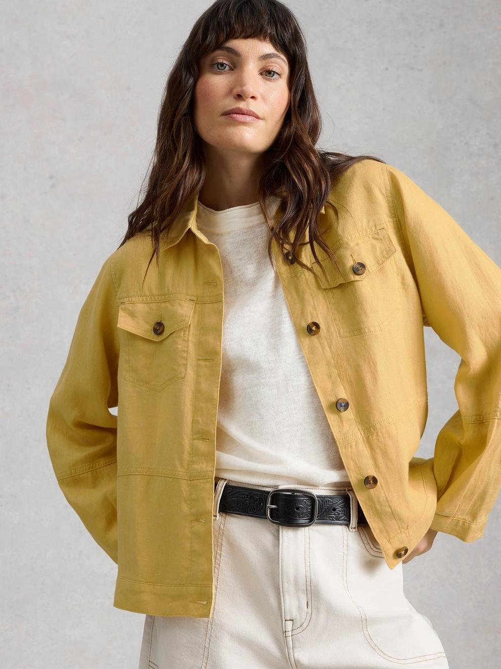 Camille Linen Collared Jacket in LGT YELLOW - LIFESTYLE