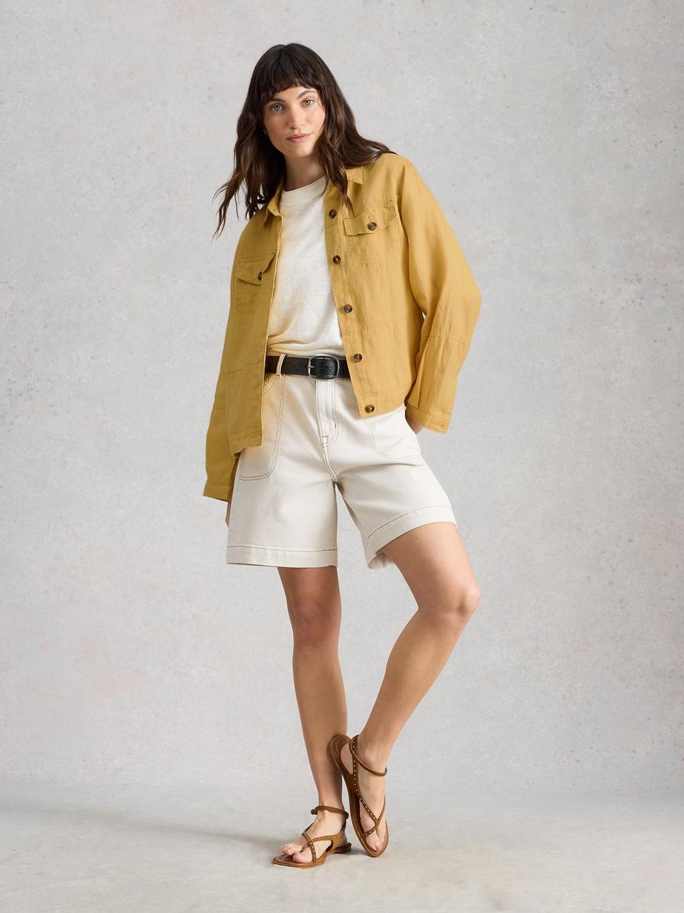 Camille Linen Collared Jacket in LGT YELLOW - MODEL FRONT