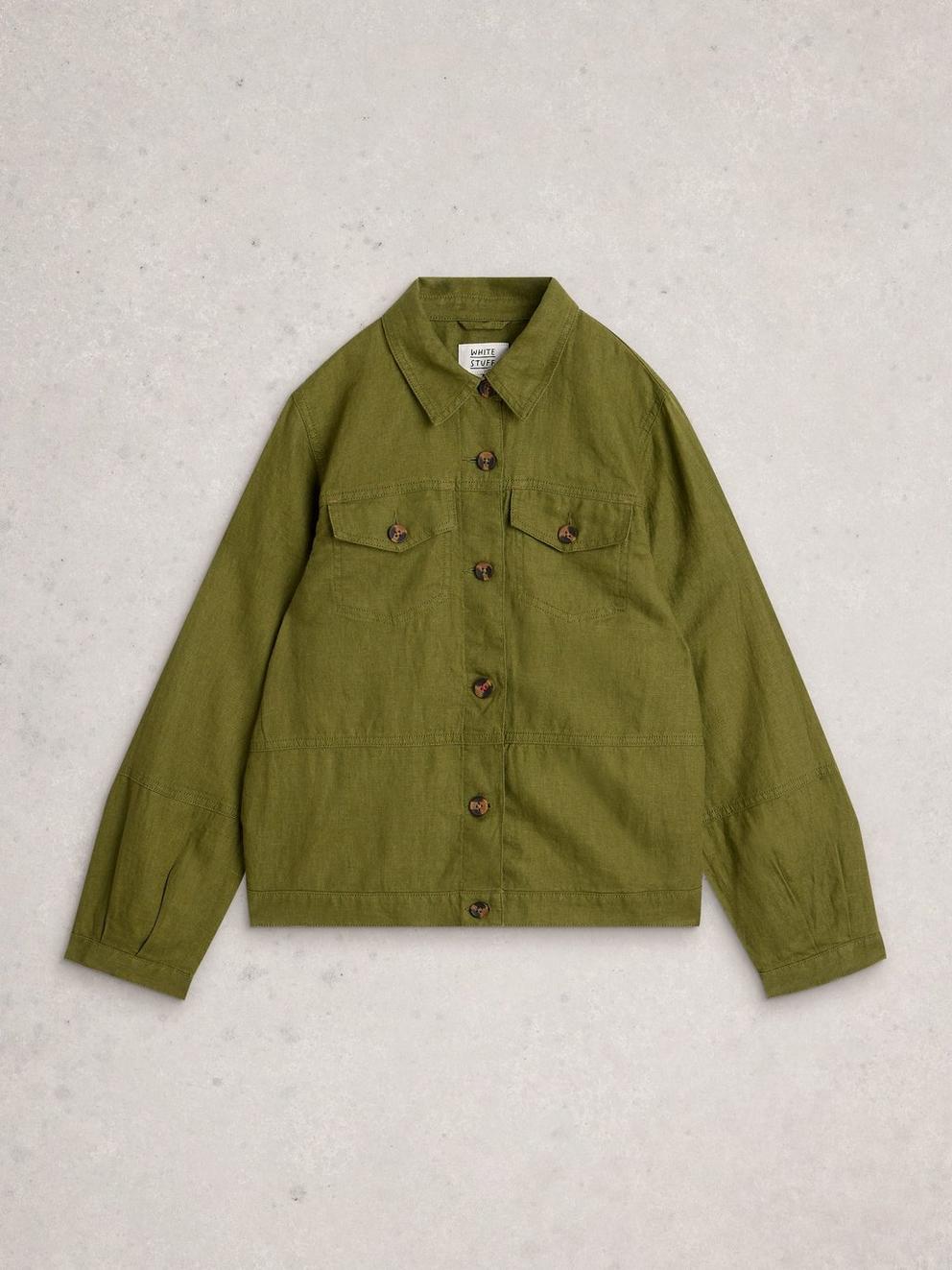 Camille Linen Collared Jacket in MID GREEN - FLAT FRONT