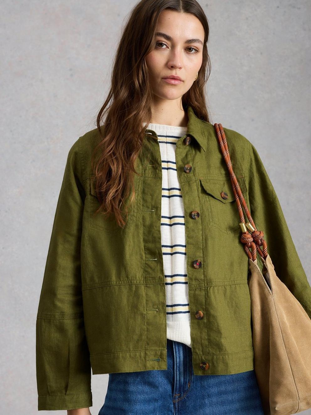 Camille Linen Collared Jacket in MID GREEN - LIFESTYLE