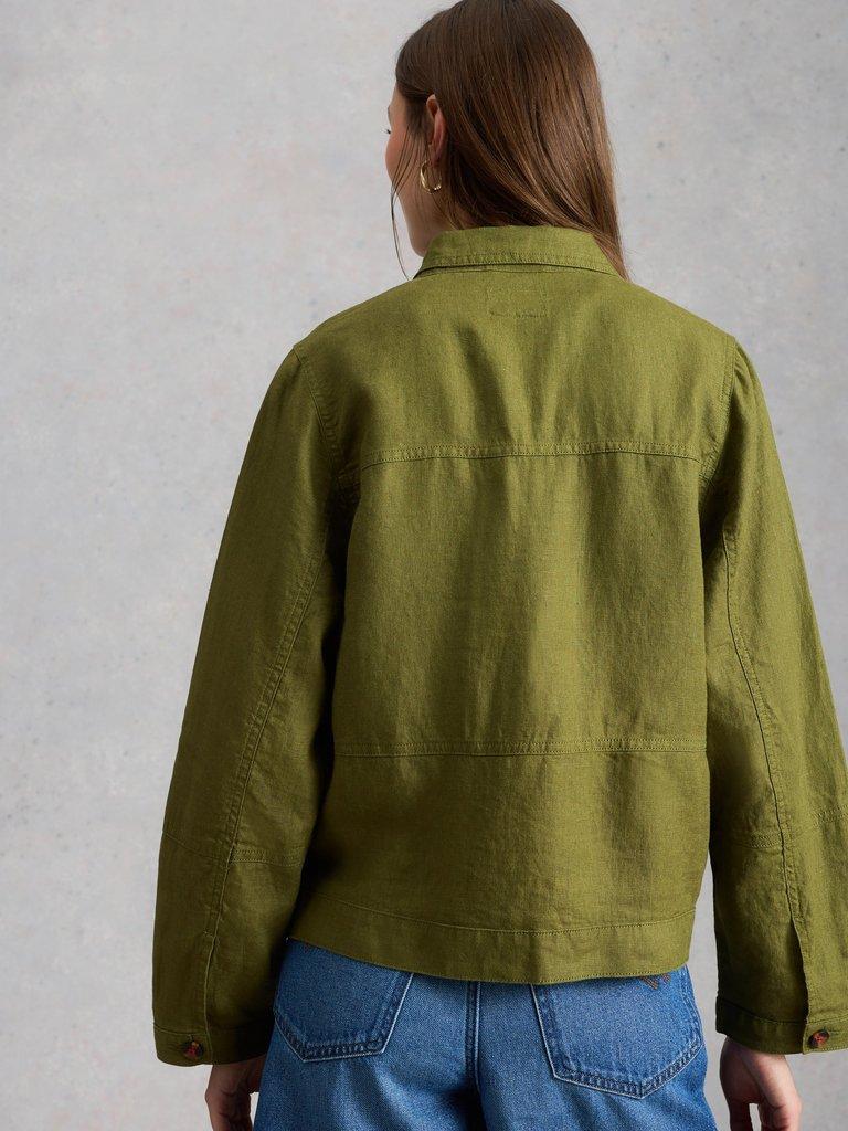 Camille Linen Collared Jacket in MID GREEN - MODEL BACK