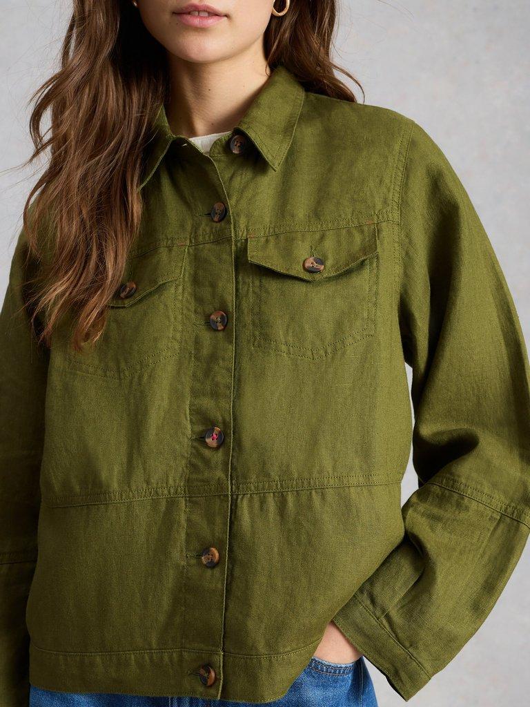 Camille Linen Collared Jacket in MID GREEN - MODEL DETAIL