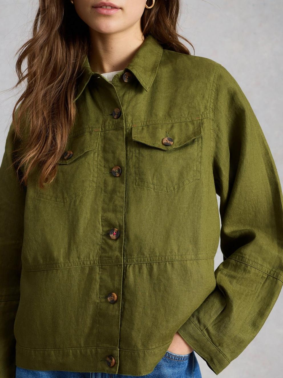 Camille Linen Collared Jacket in MID GREEN - MODEL DETAIL