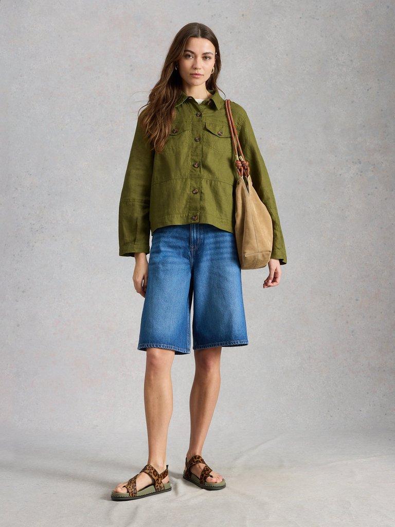 Camille Linen Collared Jacket in MID GREEN - MODEL FRONT