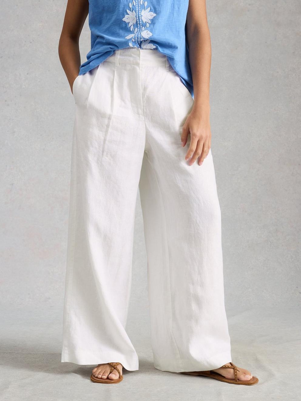 Sasha Wide Leg Linen Trouser in BRIL WHITE - MODEL DETAIL