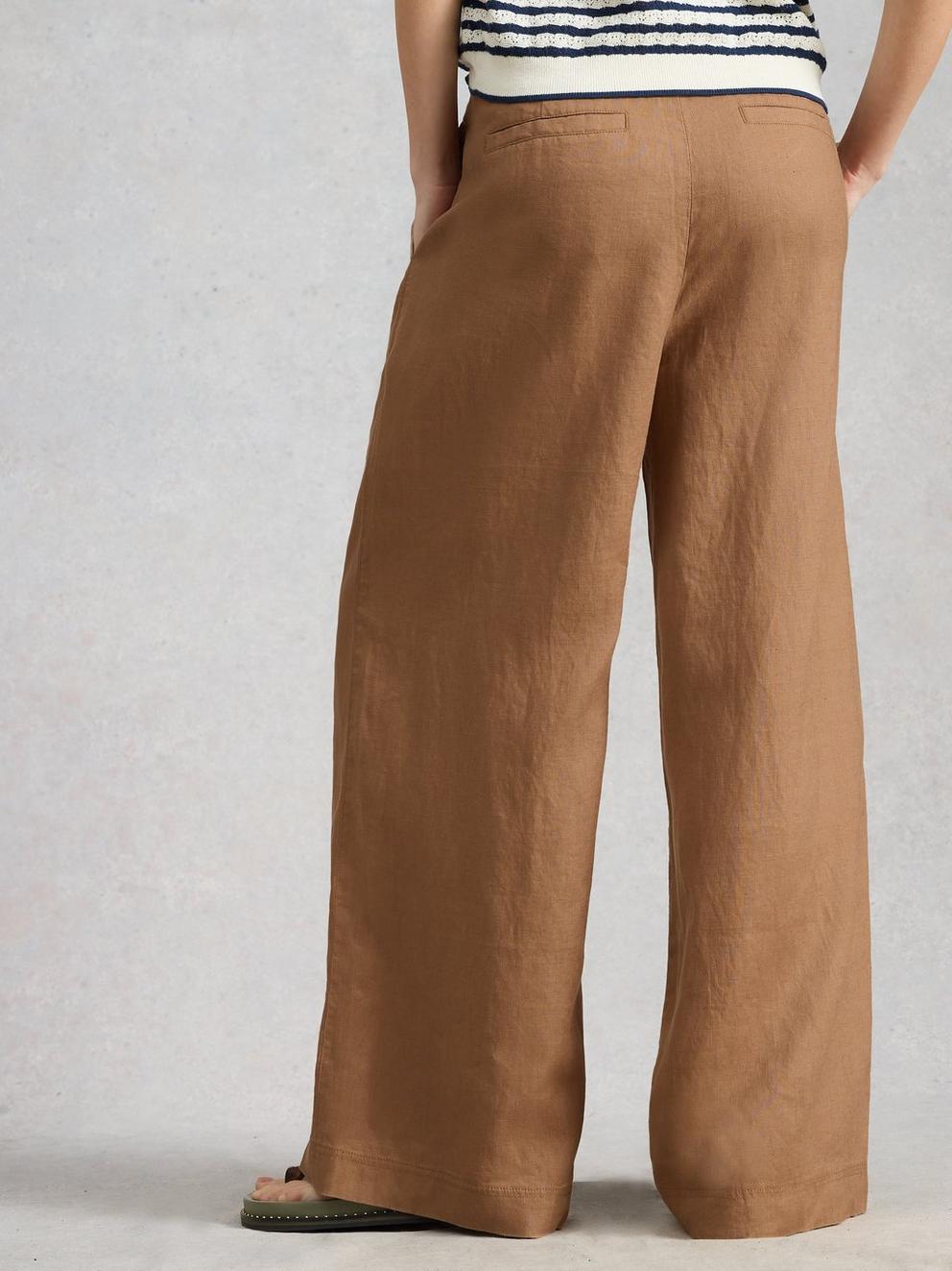 Sasha Wide Leg Linen Trouser in MID TAN - MODEL BACK