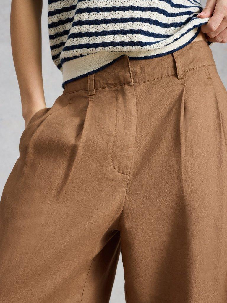 Sasha Wide Leg Linen Trouser in MID TAN - MODEL DETAIL