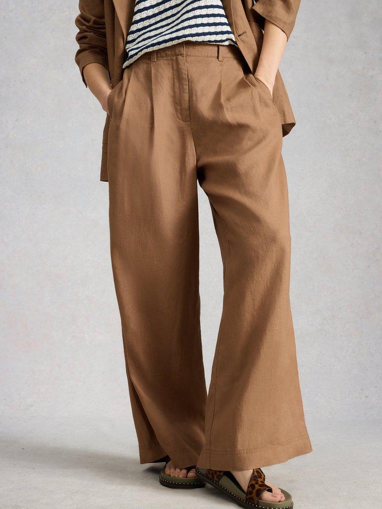 Sasha Wide Leg Linen Trouser in MID TAN - MODEL FRONT