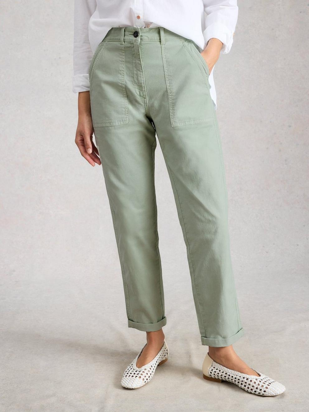 Twister Chino Ankle Length Trousers in LGT GREEN - MODEL DETAIL