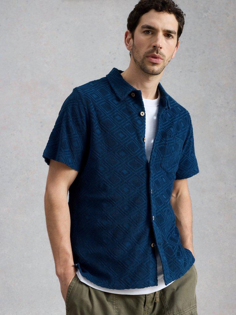 Totten Geo Towelling SS Shirt in MID BLUE - MODEL DETAIL