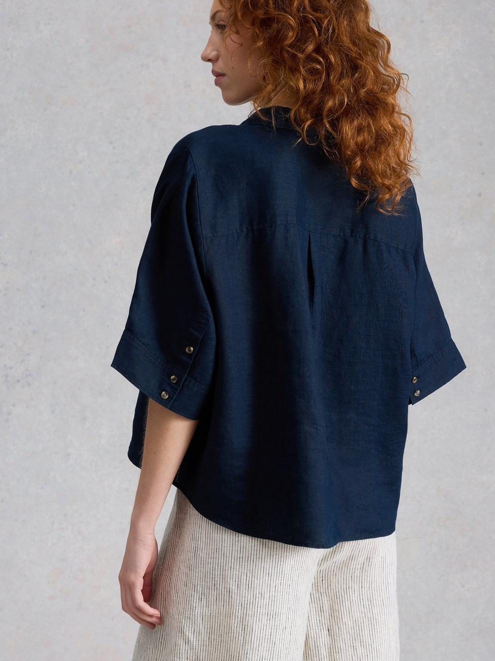 Cassie Linen Shirt in DARK NAVY - MODEL BACK