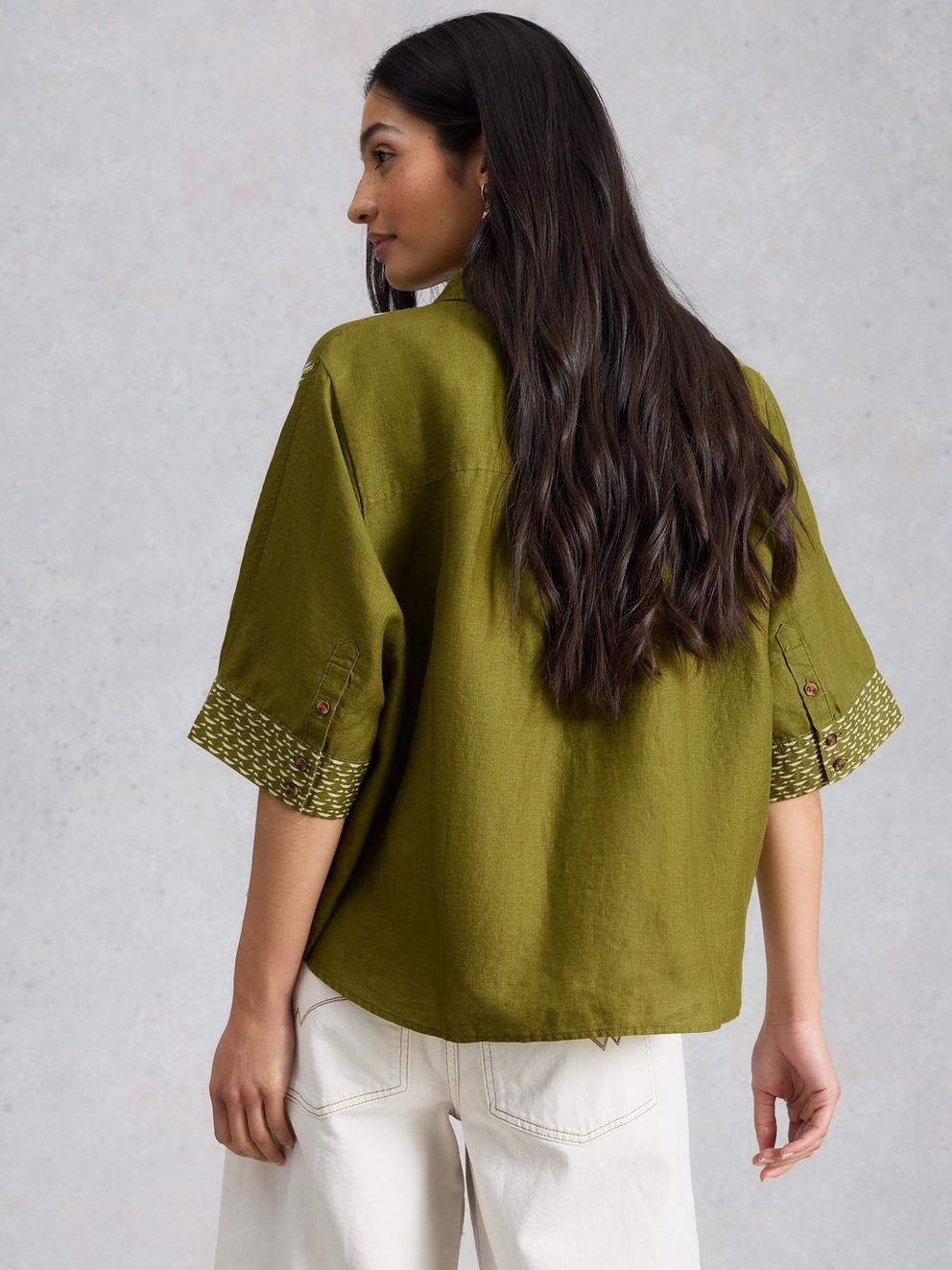 Cassie Linen Shirt in GREEN PR - MODEL BACK