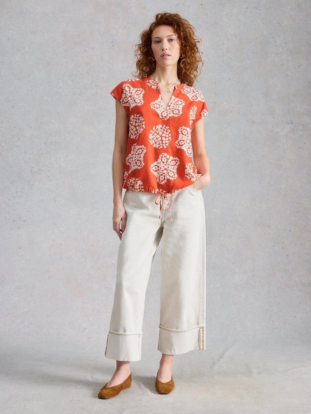 Nicole Linen Blend Sleeveless Top in RED PR - MODEL FRONT