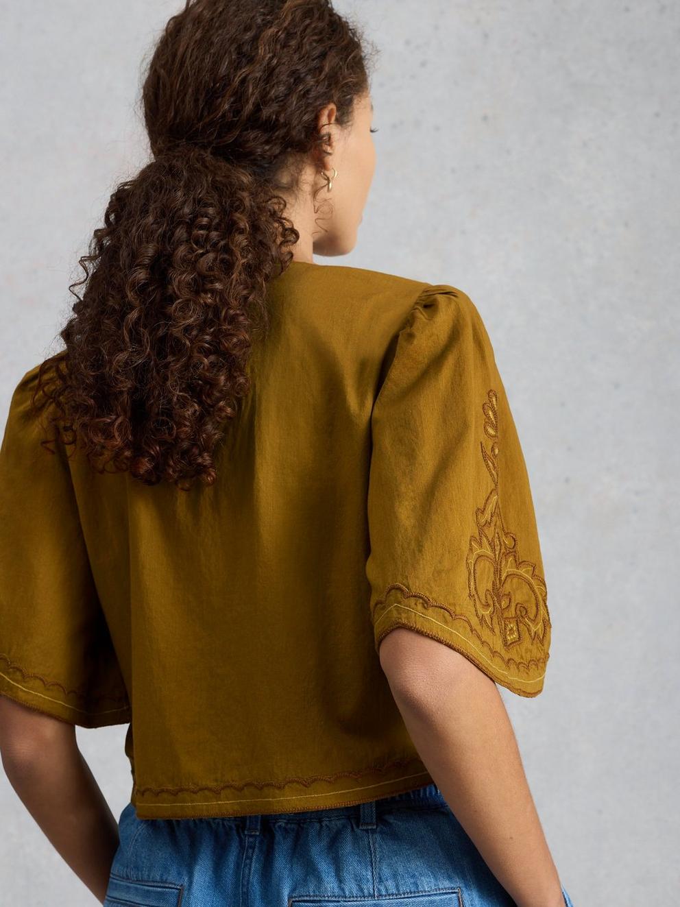 Erin Tie Front Top in KHAKI GRN - MODEL BACK