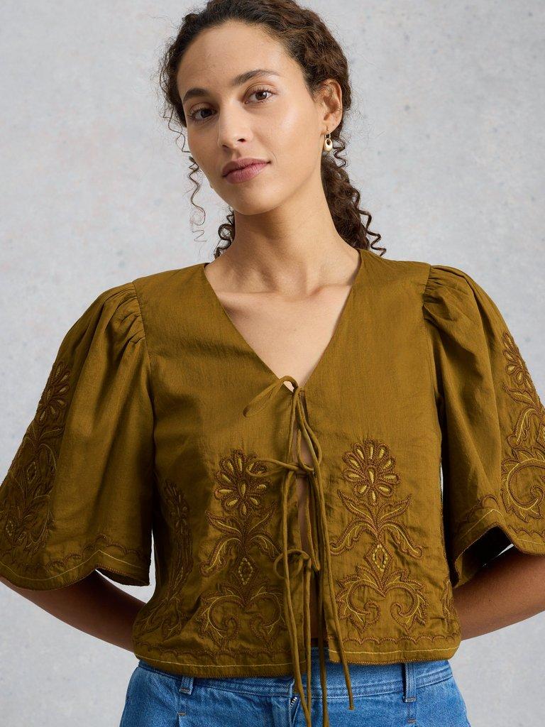 Erin Tie Front Top in KHAKI GRN - MODEL DETAIL