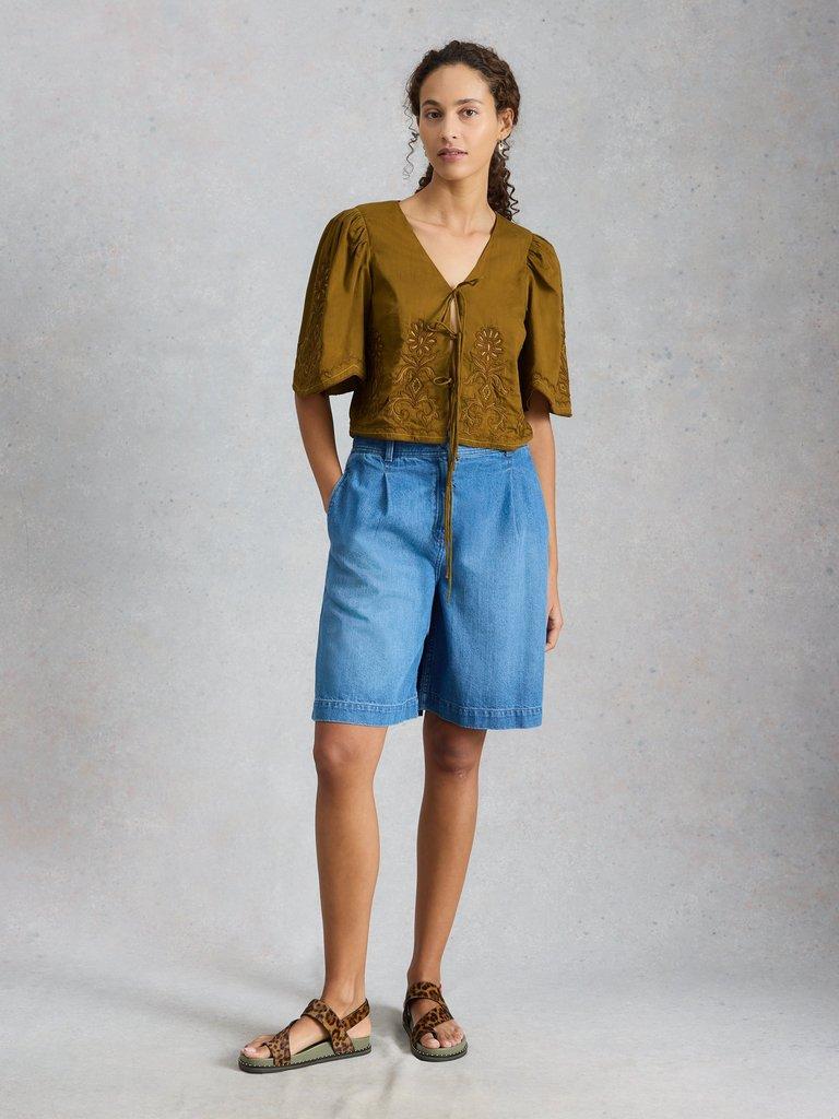 Erin Tie Front Top in KHAKI GRN - MODEL FRONT