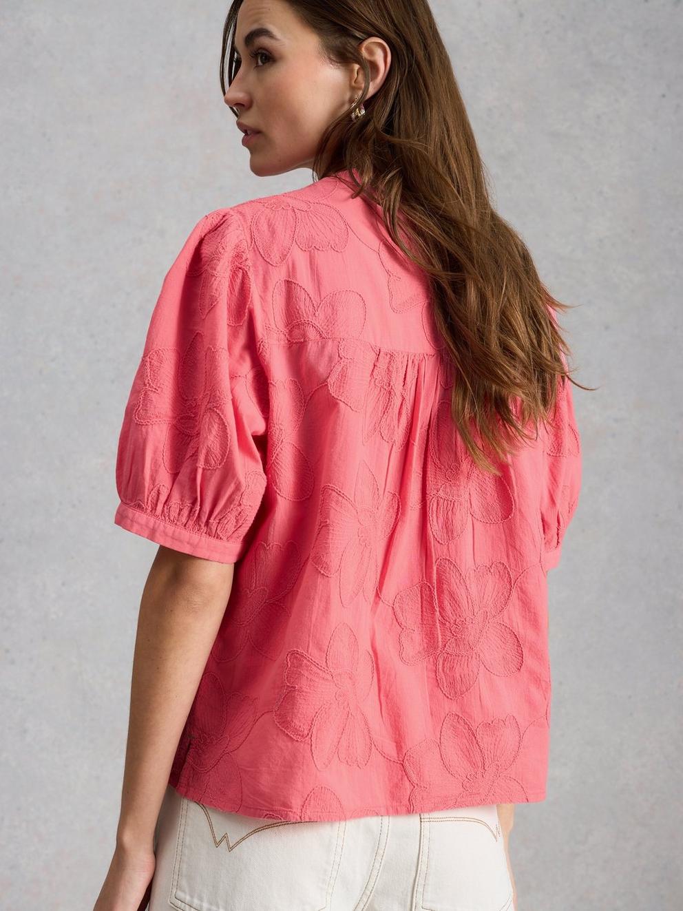 Lana Embroidered Top in MID PINK - MODEL BACK