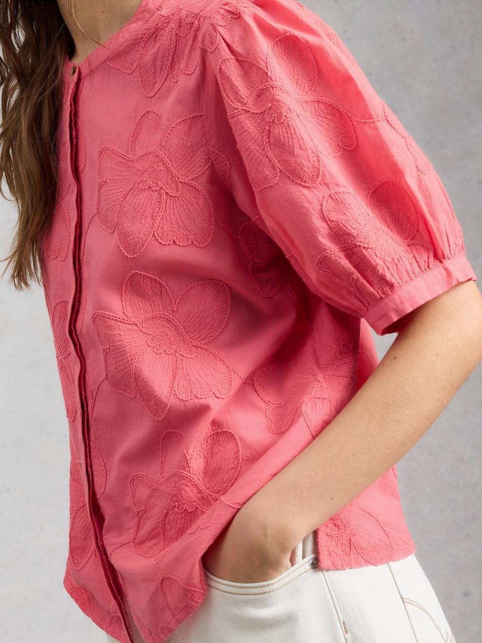 Lana Embroidered Top in MID PINK - MODEL DETAIL