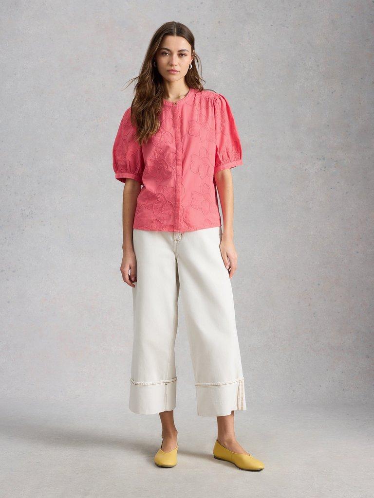 Lana Embroidered Top in MID PINK - MODEL FRONT