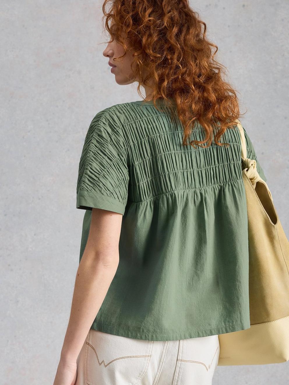 Tammie Organic Cotton Shirt in MID GREEN - MODEL BACK