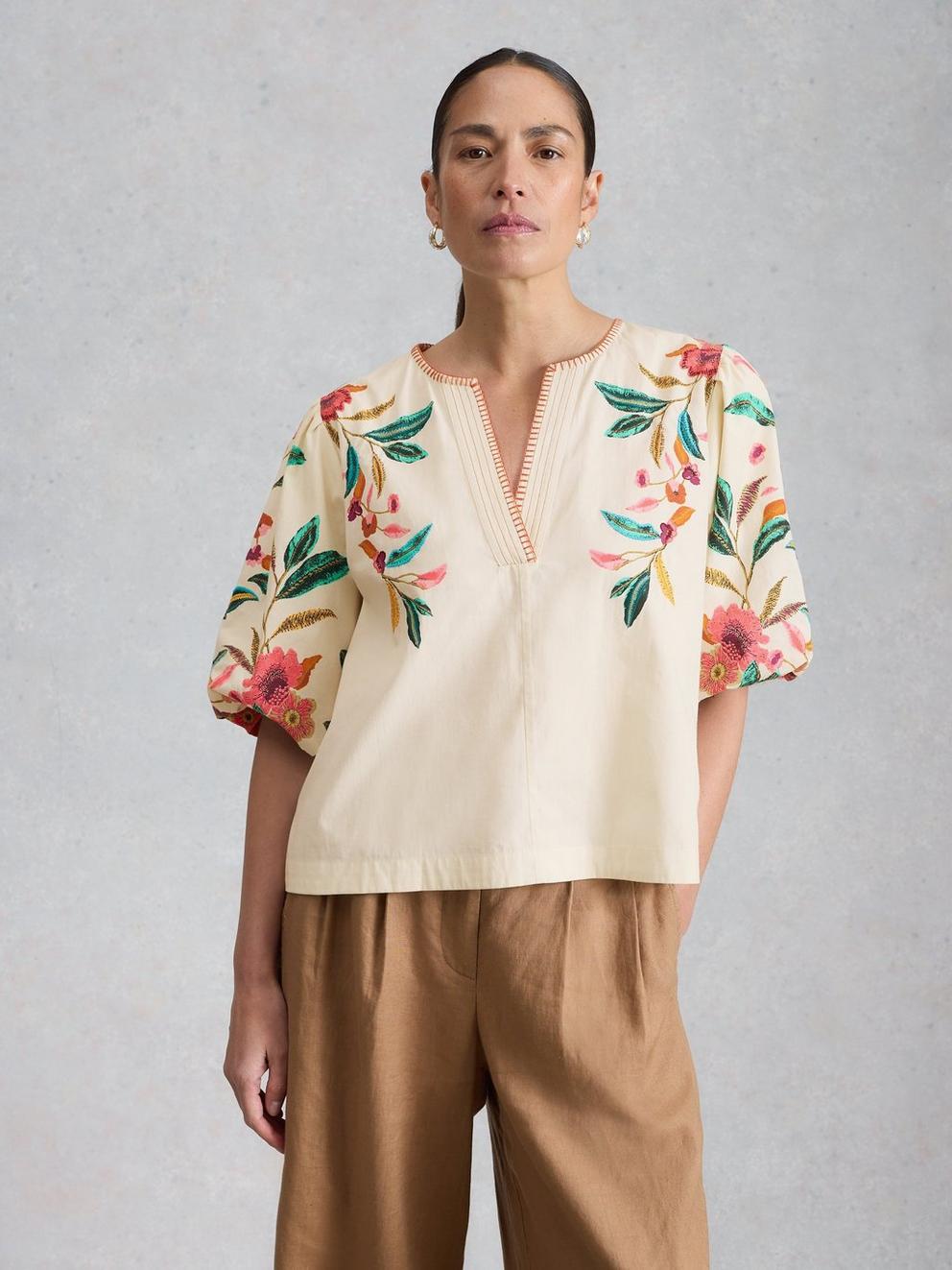 Maeve Embroidered Top in IVORY MLT - MODEL DETAIL
