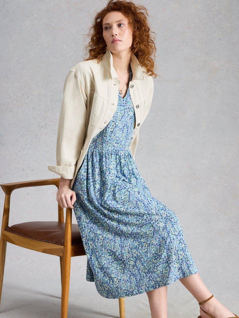 Leah Jersey Dress in BLUE MLT - MODEL FRONT