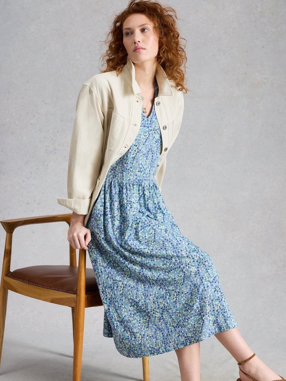 Leah Jersey Dress in BLUE MLT - MODEL FRONT