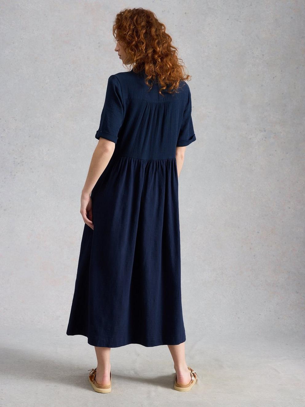 Rylee Double Cloth Shirt Dress in DARK NAVY - MODEL BACK