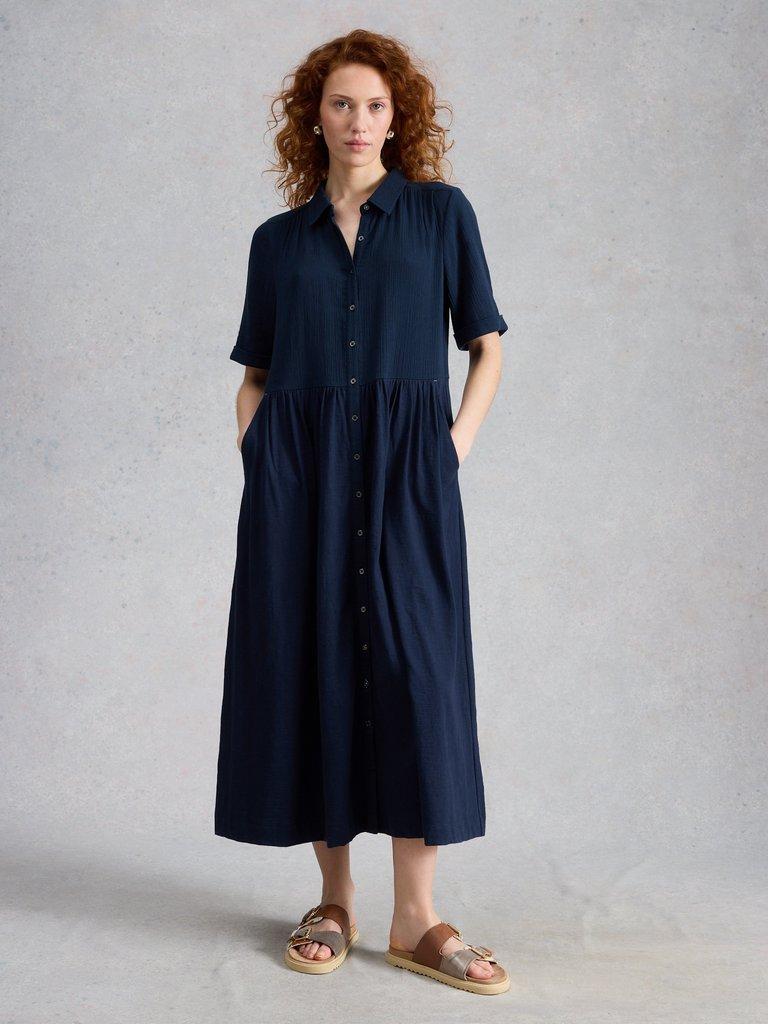 Rylee Double Cloth Shirt Dress in DARK NAVY - MODEL DETAIL
