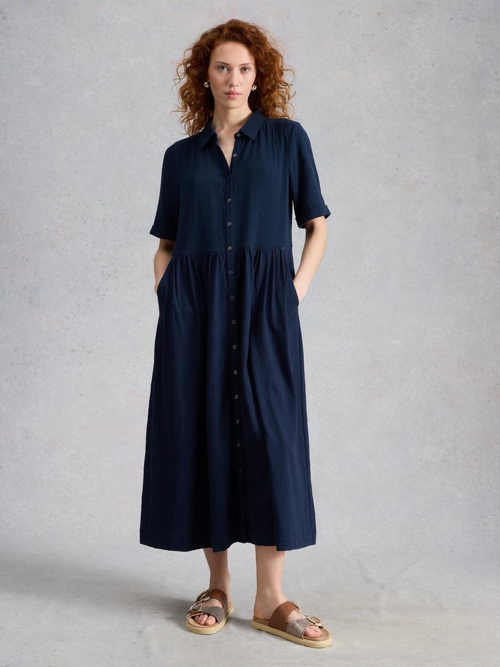 Rylee Double Cloth Shirt Dress in DARK NAVY - MODEL DETAIL