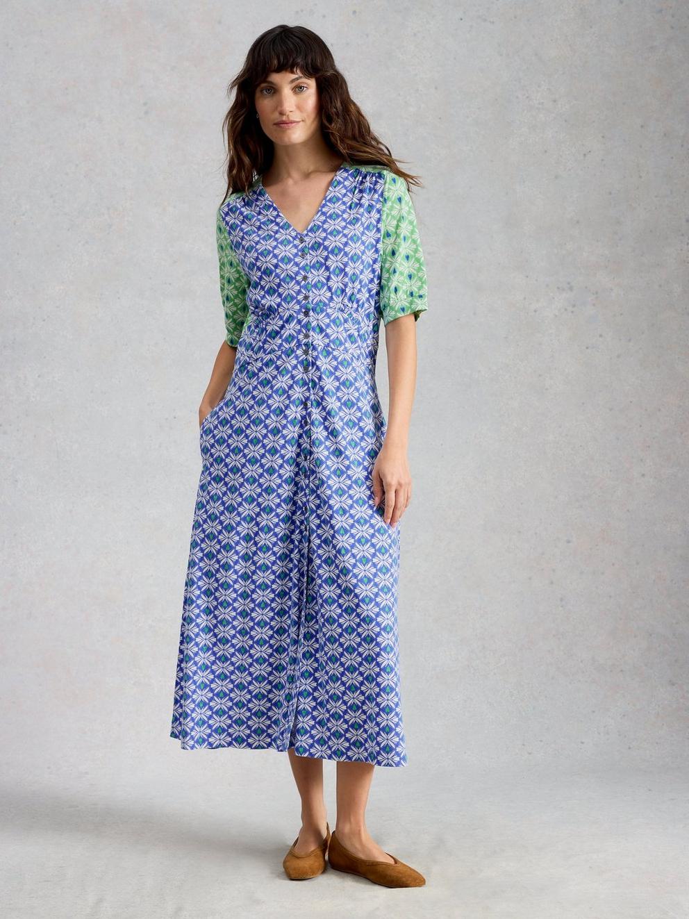 May Jersey Dress in BLUE MLT - MODEL FRONT