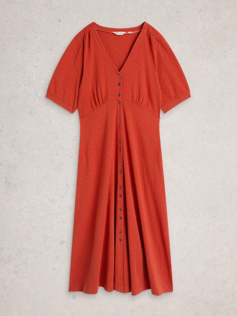 Megan Button Jersey Midi Dress in MID RED - FLAT FRONT