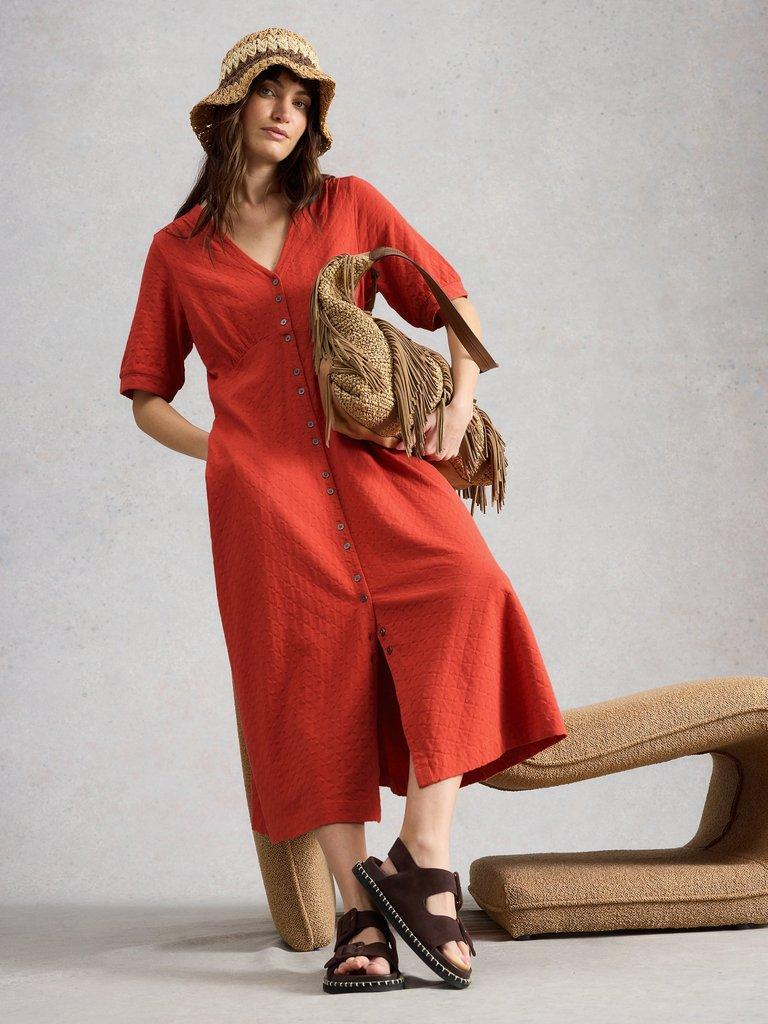 Megan Button Jersey Midi Dress in MID RED - LIFESTYLE