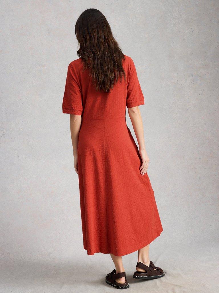 Megan Button Jersey Midi Dress in MID RED - MODEL BACK