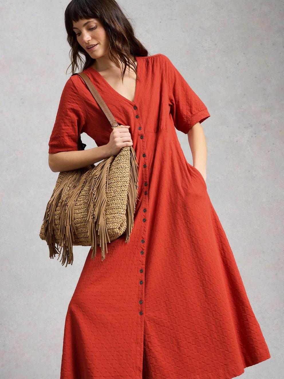 Megan Button Jersey Midi Dress in MID RED - MODEL DETAIL