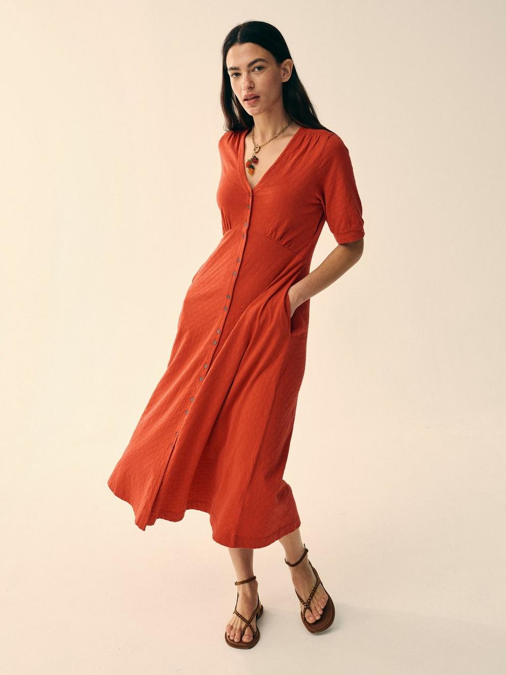 Megan Button Jersey Midi Dress in MID RED - MIXED