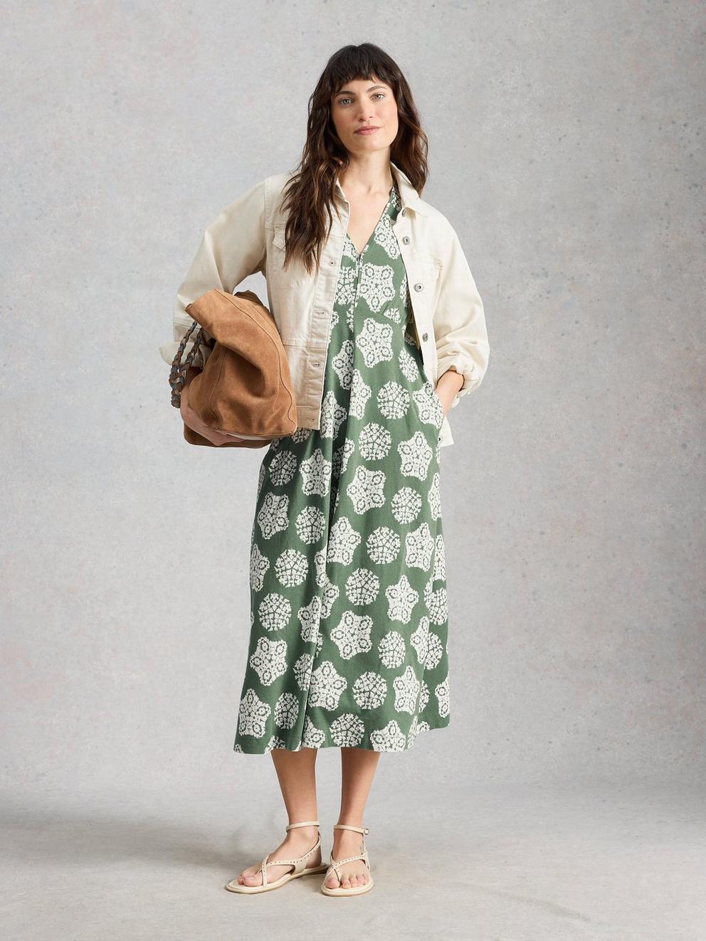 Megan Jersey Short Sleeve Midi Dress in GREEN PR - MODEL FRONT