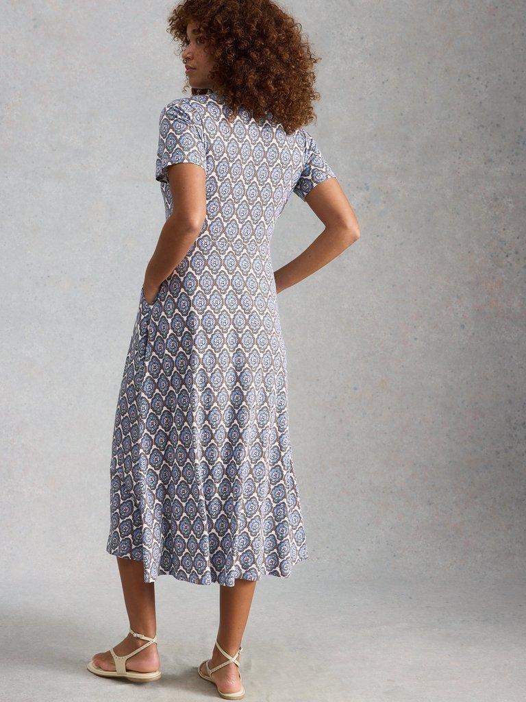 Rua Jersey Collared Midi Dress in BLUE MLT - MODEL BACK