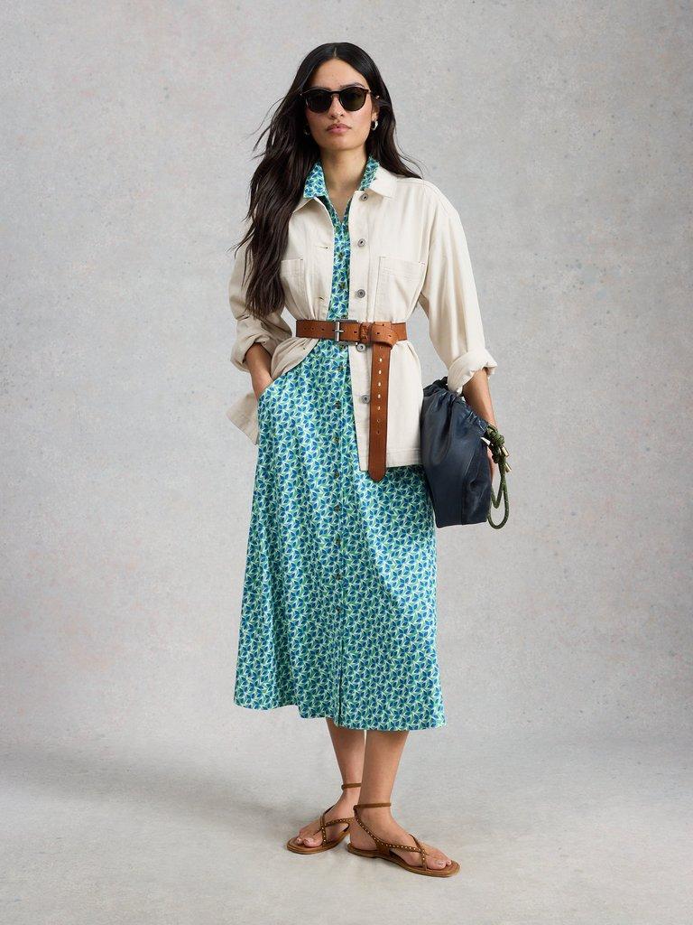 Rua Jersey Collared Midi Dress in GREEN MLT - MODEL FRONT